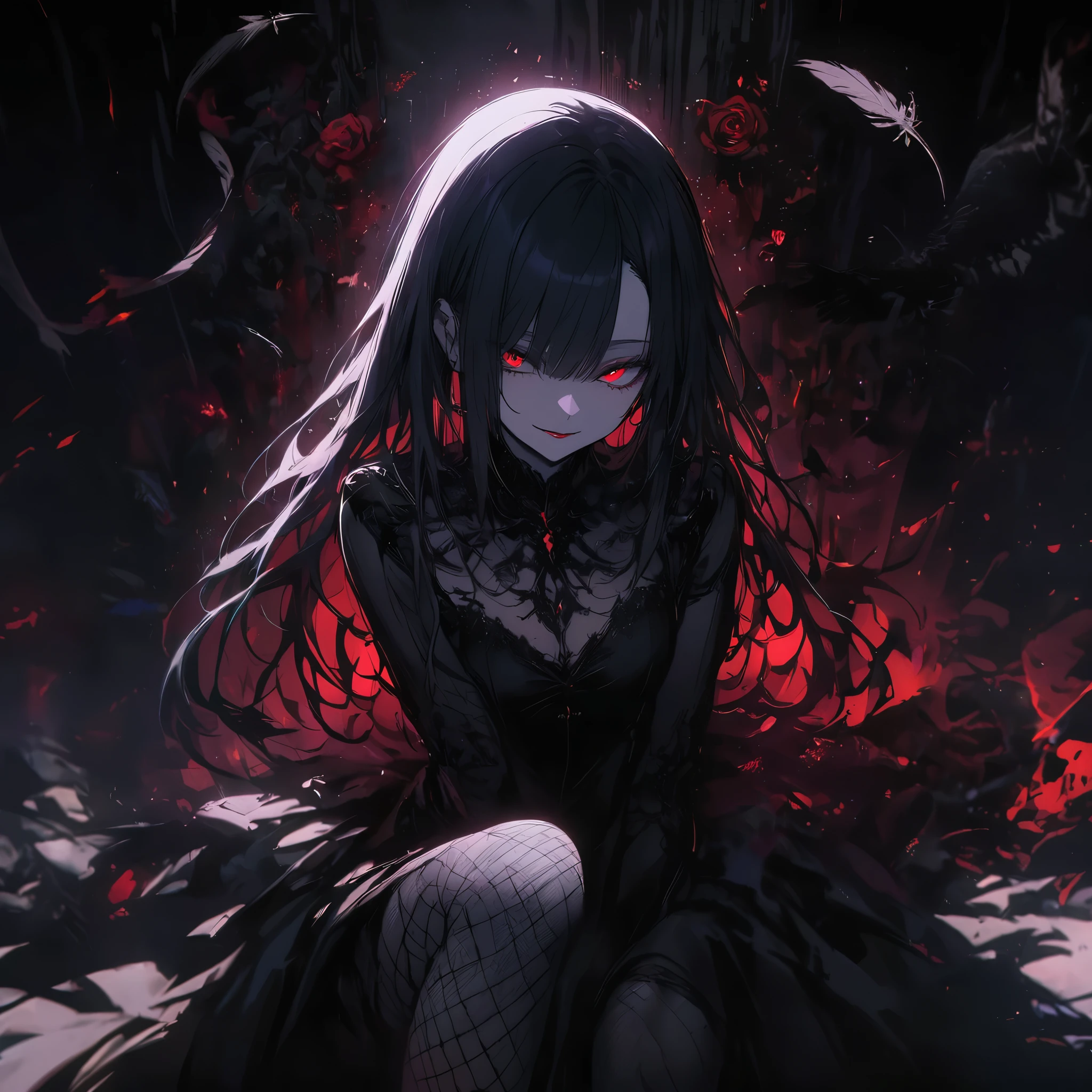 (dark atmosphere,gothic fashion,bright colors),(best quality,Super exquisite,),Sexy goth Vampire girl,In the rose garden at night,Beautiful and delicate eyes,Straight black ponytail with blue tips,Crow feathers,red lipstick,mysterious smile,Pale complexion,fishnet stockings,black dress,Pointed-toe bootysterious aura,The moonlight illuminates her elegant silhouette,Soft shadows and soft highlights,Contrasting colors create a vibrant atmosphere,dark and moody color palette,Subtle yet dramatic lighting effects,Sublime darkness intertwined with exquisite moonlight, She's tall and mature, red tone, beautiful pretty face, long hair
