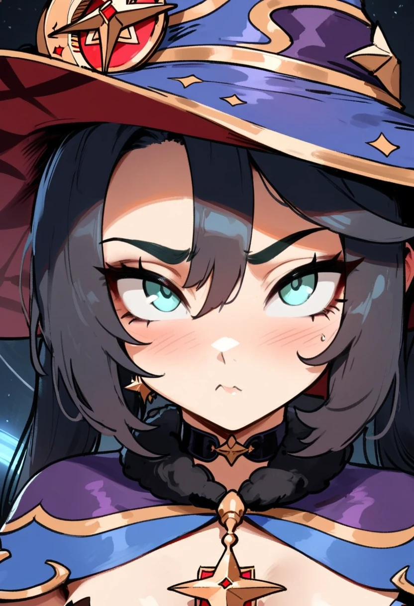 1girl, mona \(genshin impact\), genshin impact \\\\\ masterpiece, best quality, very aesthetic, absurdres, newest \\\\\\ slim body,///// ,by nyantcha,cutesexyrobutts , by khyle,,////// ,,solo,, , ,,detailed face, , ,, , , wallpaper, , beautiful face, sexy, , blush, , space background, , hat, portrait