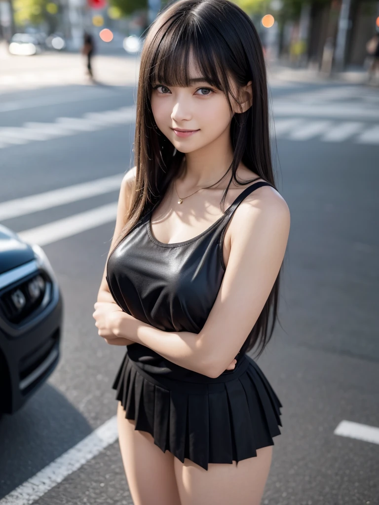 (8k, RAW Photos, Highest quality, masterpiece:1.2), (Realistic, photo-Realistic:1.4), (Highly detailed 8K wallpapers), ((Full Body Shot)), (1 girl), Sharp focus, Depth of written boundary, Cinematic lighting, Soft Light, 緻密な美しさのeye, eye_Chan, Very beautiful girl, innocent big eyes, Realistic, photo Realistic, Highly detailed cute girl, (Thin thighs), (Model Body Type), 18-year-old, (Casual tank top), (Black leather micro mini pleated skirt), (((Fold your arms in front of your chest and act arrogantly))), ((A happy smile)), Parted lips, Watching the audience, (On the streets of Tokyo) , (Black Hair),(Long Bob Hair), (Asymmetrical bangs)