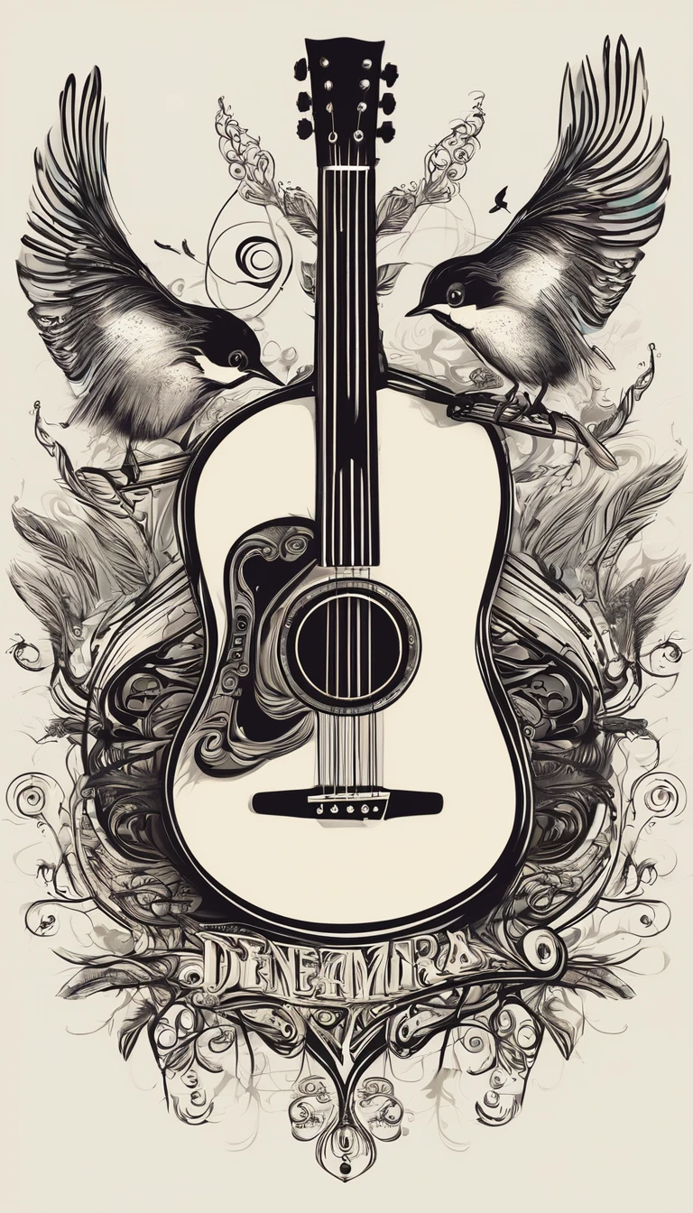 Create a logo that conveys the true essence and message of a brand about music, dreams and stories called "Penamemoria". It should fit well, whether in a children's book, on a poster for a concert, or in the credits of a drama film, at the cinema. The brand is formed by a young musician/dreamer/guitarist who is inspired by birds and feathers. The theme has to do with birds, feathers, memories, stories, dreams, fantastic, boy, acoustic guitar. Something that you can put on a t-shirt (for example) and feel like you're wearing something from someone who never stops dreaming.