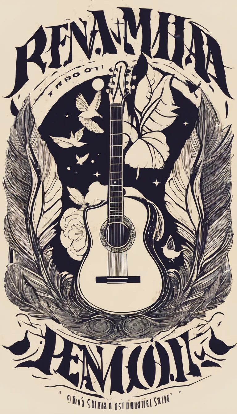 Create a logo that conveys the true essence and message of a brand about music, dreams and stories called "Penamemoria". It should fit well, whether in a children's book, on a poster for a concert, or in the credits of a drama film, at the cinema. The brand is formed by a young musician/dreamer/guitarist who is inspired by birds and feathers. The theme has to do with birds, feathers, memories, stories, dreams, fantastic, boy, acoustic guitar. Something that you can put on a t-shirt (for example) and feel like you're wearing something from someone who never stops dreaming.