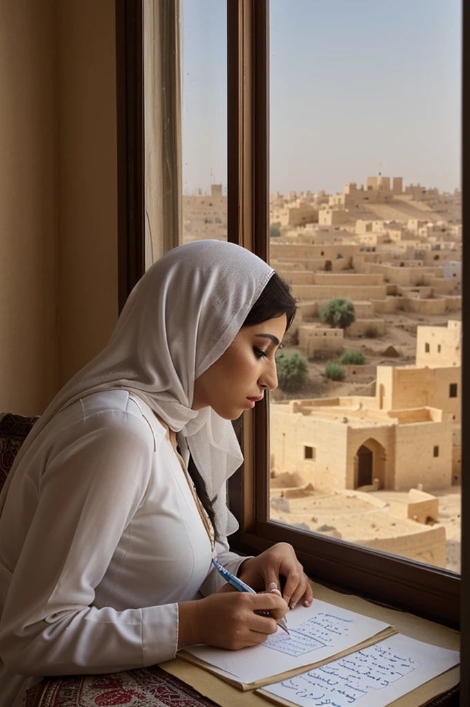 a prettiest Arabic lady writing a sad letter , side view , looking from the window to a landscape  
