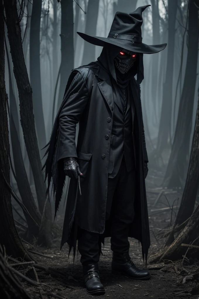 "Create an intriguing image of a supernatural creature, non-human.. Subject - a man wearing a scarecrow hat., Dressed entirely in black, especially with gloves and boots. He exudes a demonic visage, the gaze of a necromancer, representing a supernatural carnivorous creature. Enjoy exceptional camera quality (RSEEmma:1.5) highlight every detail of the dark suit and demonic features in high definition. Set up cinematic lighting, to enhance the dark tones of the scene., with slightly elevated twilight, adding a mysterious and sinister atmosphere. This image is intended to convey the menacing and supernatural presence of the entity., with realistic details and stunning visual quality. It will be aimed at the audience, which appreciates the fantastic and artistic aspect of supernatural performances.."