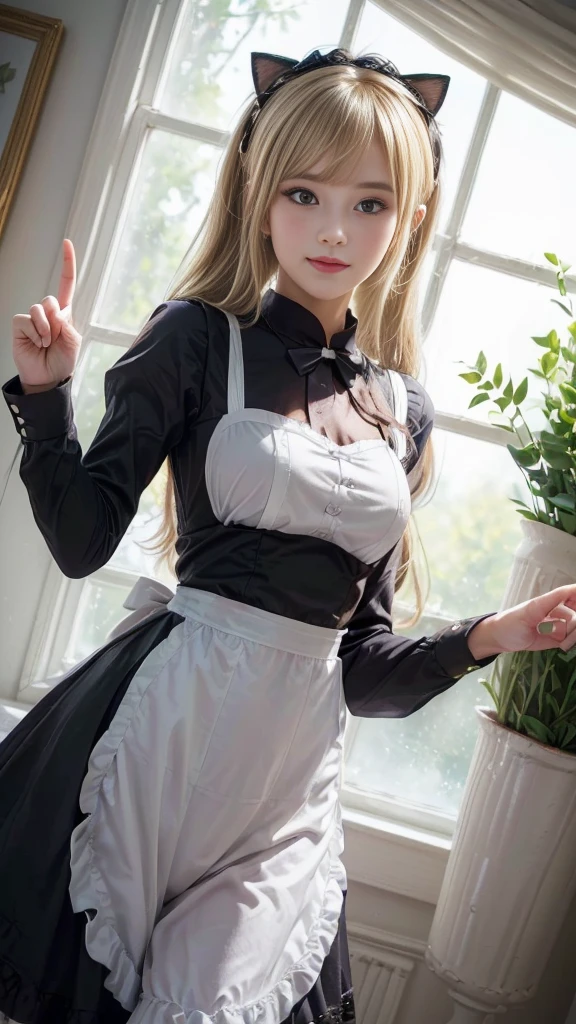 anime character dressed in Maid outfit standing in front of a window, anime girl in a Maid costume, Maid outfit, gorgeous Maid, Maid, Beautiful and detailed anime art, Maid dress, anime cat girl in a Maid costume, loli in dress, a Maid in a magical forest, Catboy Cosplay! Maid! dress, From Girls Frontline, wearing Maid uniform, (((Middle finger hand sign))), (Anatomically correct hand:1.3), (Detailed hands:1.2), (Detailed eyes and face:1.2), (Perfect Anatomy:1.2), (Blonde Hair:1.2), (Beautiful breasts:1.2), flower pot, ribbon, (Beautiful Face, Baby Face:1.2, Idol Face), Slender body line, Small and slender figure, (Highest quality, 8k, masterpiece:1.2), Ultra-detailed, (Reality:1.4), Narrow waist,