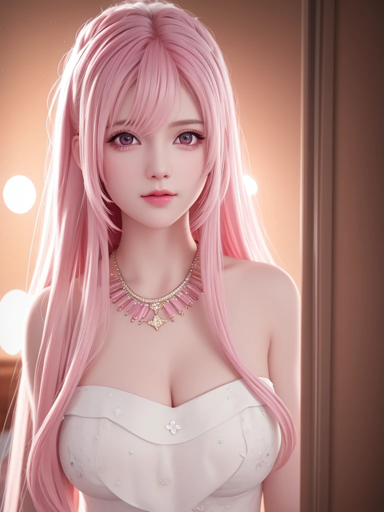 best quality, masterpiece, High target, 1 Girl, nude, Hair Decorationss, necklace, Decorations, Pretty Face, When the body, Tyndall effect, Realistic Portraits, Dark Studio, Edge lighting, Two-color light, (Very delicate skin:1.2), 8K uhd, Digital SLR Camera, Soft Light, high quality, Volumetric Lighting, Honest, photo, high resolution, 4k, 8K, Bokeh, hair，pink hair tips, Pink Eyes.