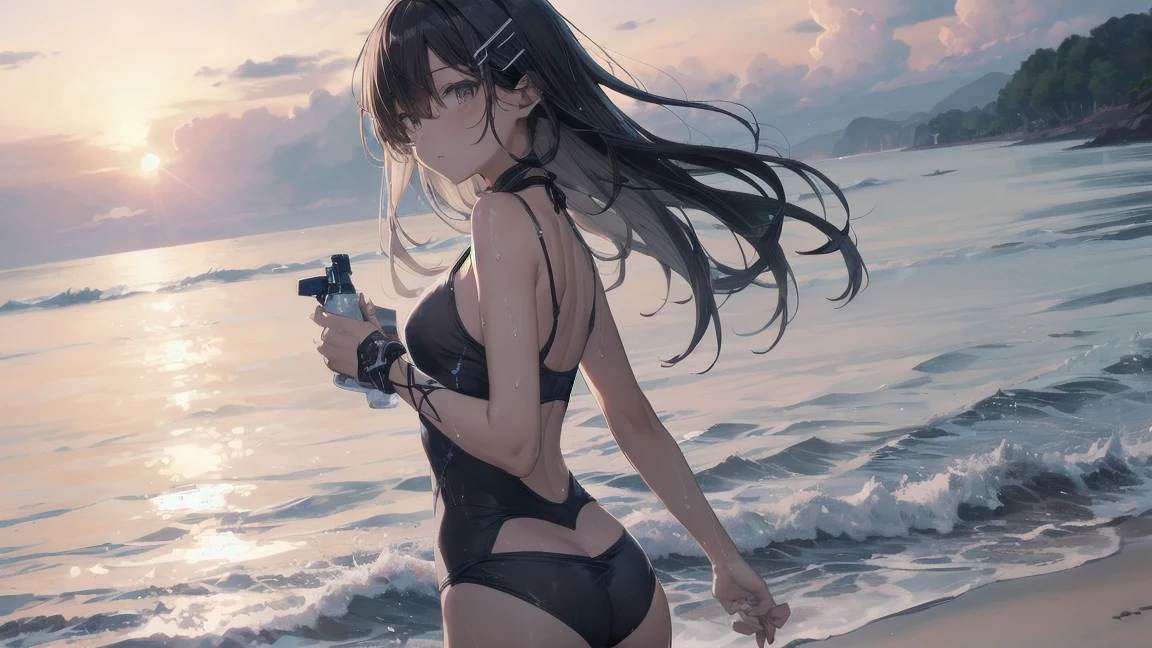 Highest quality, Anime Moe Art Style,Best Anime 8K Konachan Wallpaper,pixiv Contest Winner,Perfect Anatomy, break,(Please draw a picture of a girl in a Swimwear walking on the beach.),break, One is an unlucky beautiful girl.,(alone,On top of that,,:1.3),,Complete limbs, Full Finger,  short hair, amount, (Hair on one eye:1.4),Small breasts, Small Ass, Beautiful attention to detail, Well-proportioned pupils,Between the legs, Wet, Shiny skin, Cowboy Shot, Hair Clip, Swimwear, At the Beach.break,Very detailed,High resolution,Very detailed肌, Shortcuts,Forehead out,Optimal lighting with AI-based parting of bangs, shape,