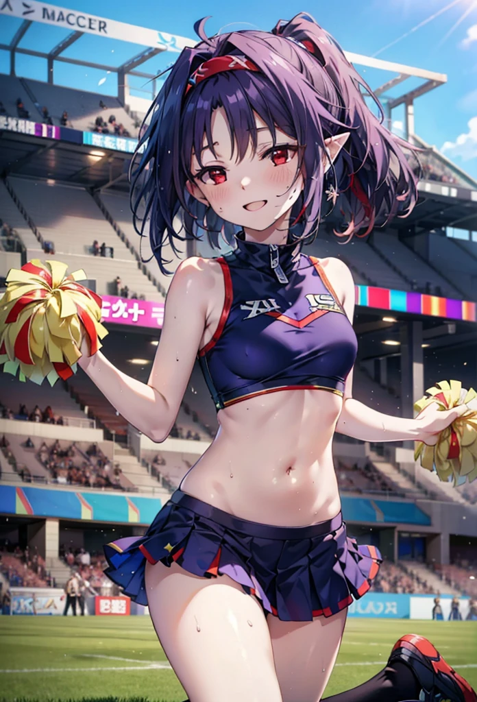 yuukikonno, yuuki konno, hair band, Long Hair, Pointed Ears, Purple Hair, (Red eyes:1.5), (Small breasts:1.2), Open your mouth wide,(Very delicate eyes), (cheer leading), (whole body),smile,blush,Lower, (Sweaty), Sweaty Wet Clothes, (Purple clothes), Pleated skirt,Black socks,sneakers,Belly-baring support, playground, (Jump), (Jump), 足を曲げてJumpする, air, blue sky, Grass原, smile,Cheerleader, Pom-pom \(cheer leading\), Grass, smile,
break looking at viewer, whole body,(Cowboy Shot:1. 5) ,
break outdoors, Stadium,crowd, people々々,
break (masterpiece:1.2), Highest quality, High resolution, unity 8k wallpaper, (figure:0.8), (Beautiful attention to detail:1.6), Highly detailed face, Perfect lighting, Highly detailed CG, (Perfect hands, Perfect Anatomy),