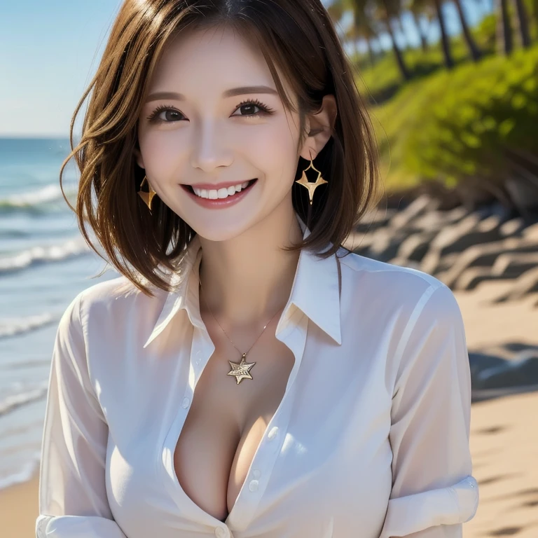 ((Highest quality)), ((masterpiece)), (detailed), ((Highest quality))、RAW、4K、High resolution、smile、Perfect Face, Japanese、30 years old、female、short hair、Bob Hair、Star-shaped earrings、necklace、Light Brown Hair、Large Breasts、Cleavage、Perfect Anatomy、Anatomically correct body、((White collared shirt))、Beach、