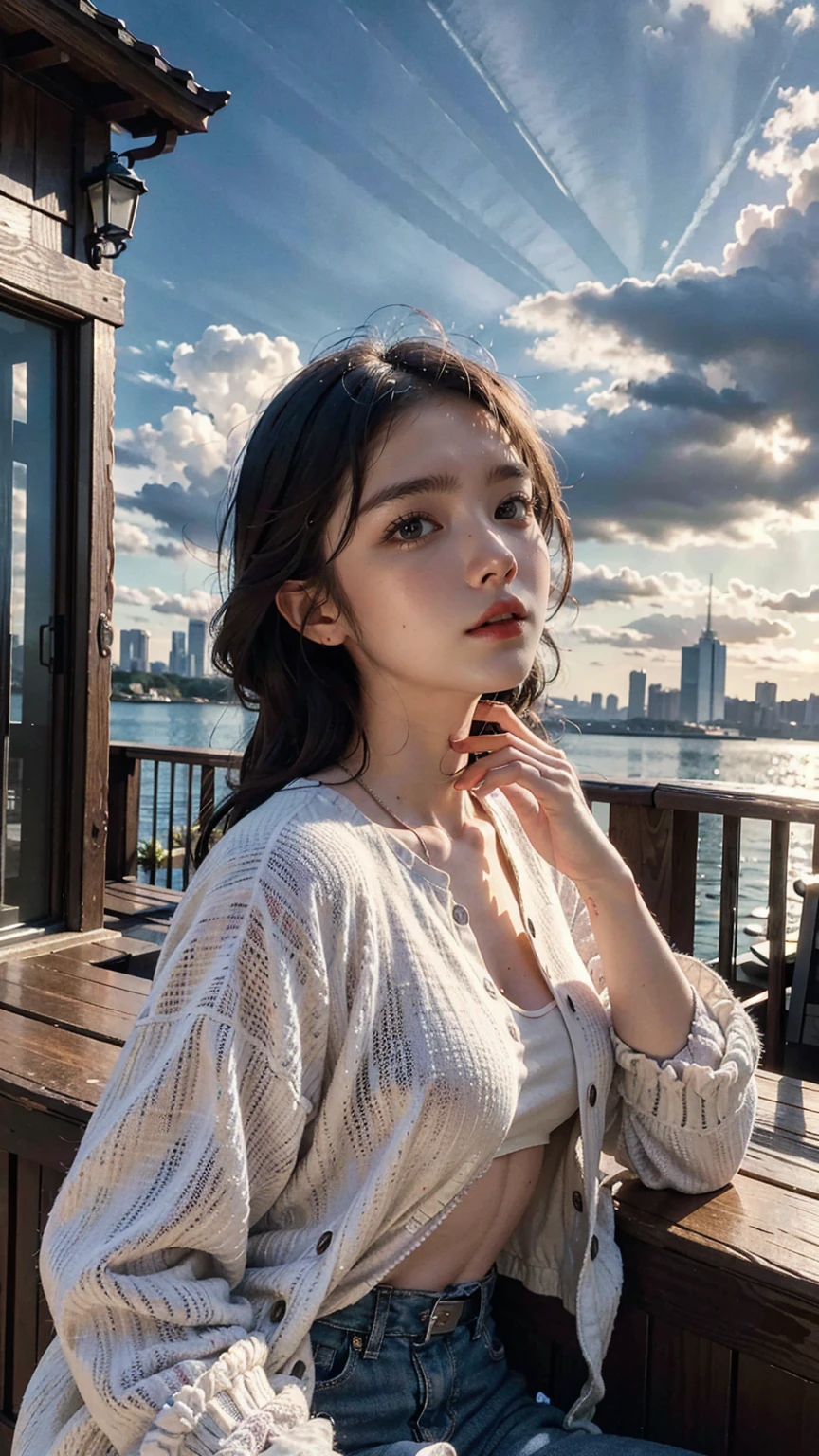 best quality, masterpiece, photo realistic, intricate details, raw photo, photon rendering, octane render, absurdres, ultra detailed, detailed face, detailed skin, trending on artstation,8k masterpiece,cinematic lighting, scenery, scenery, no humans, cityscape, sky, city, cloud, outdoors, building, sunset, city lights, bridge, river, tree, roadn, artist name,
