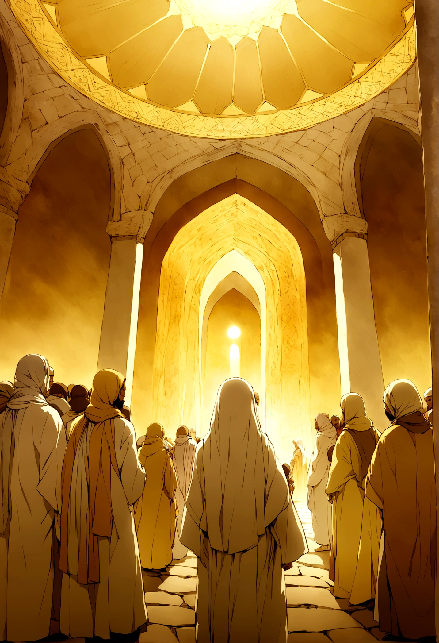 "Create a vibrant and serene illustration celebrating Haji Day, showcasing the significance and beauty of this special occasion. The scene should depict pilgrims dressed in white Ihram garments, gathered around the Kaaba in the Holy Mosque of Mecca. The atmosphere should be spiritual and peaceful, with the pilgrims engaged in prayer and reflection. The sky should be clear, with a golden hue suggesting the early morning light. Include elements that highlight the diversity of the pilgrims, showing people of various ethnicities and ages united in their devotion. The image should evoke a sense of unity, faith, and tranquility."