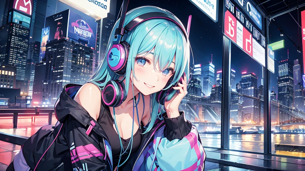 Listening to music through headphones、Smiling woman、New York at Night