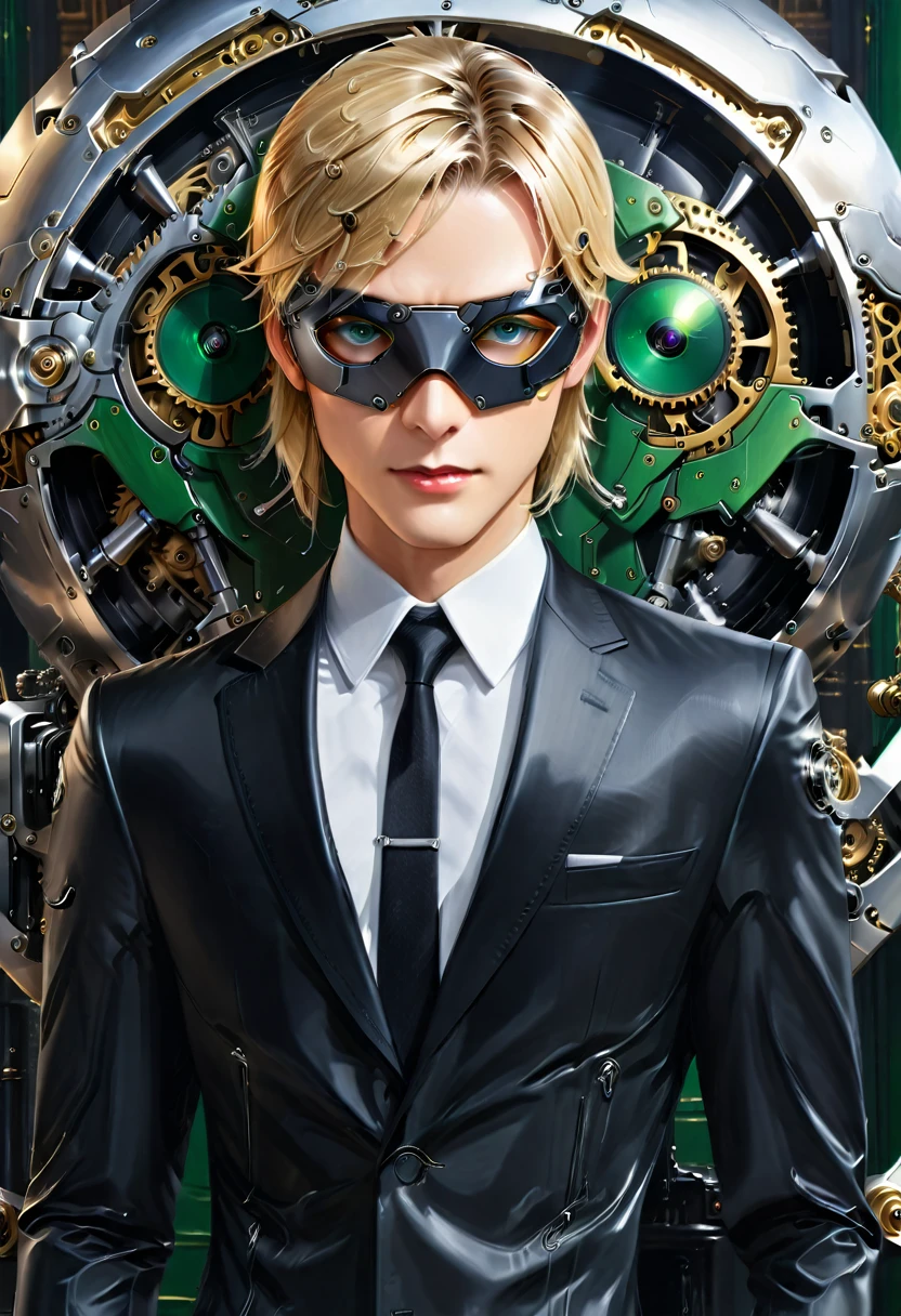 Arafed a picture of a human male spy, wearing dark suit, wearing ((mecha eye patch)), ((eye patch covering only one eye: 1.5))exquisite beautiful male, blond hair, short hair, green eyes, ((the eye patch has intricate mechanical part in it: 1.4)), high society gala event background, (Masterpiece: 1.5), 16k, highres, best quality, high details, ultra detailed, masterpiece, best quality, (extremely detailed),