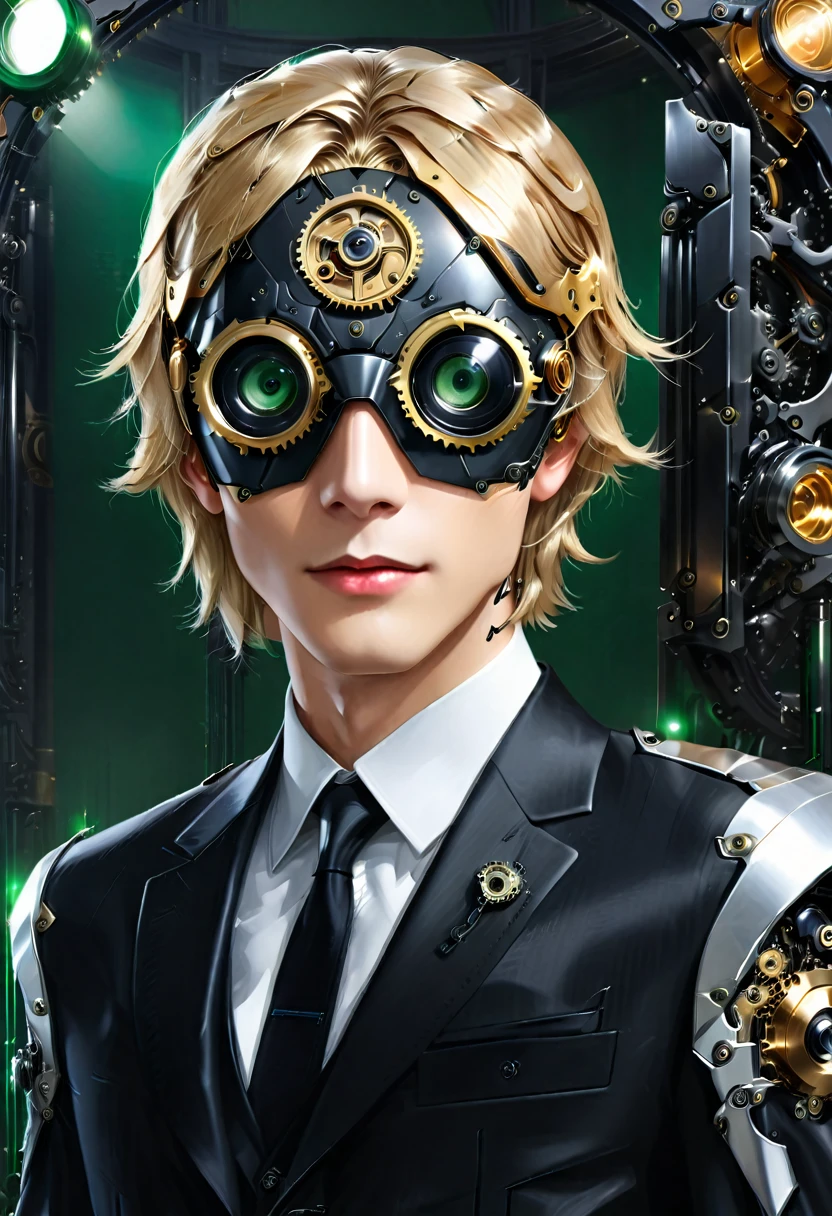 Arafed a picture of a human male spy, wearing dark suit, wearing ((mecha eye patch)), ((eye patch covering only one eye: 1.5))exquisite beautiful male, blond hair, short hair, green eyes, ((the eye patch has intricate mechanical part in it: 1.4)), high society gala event background, (Masterpiece: 1.5), 16k, highres, best quality, high details, ultra detailed, masterpiece, best quality, (extremely detailed),