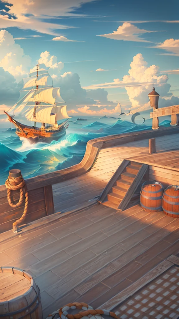 A ship floating on the sea,Barrels and scattered reins were neatly placed on the wooden deck.,In the distance, two ships are floating on the rough sea.,An island in the distance,There is also blue sky, white clouds and seagulls,Natural light,High-definition quality,High-quality posters,
