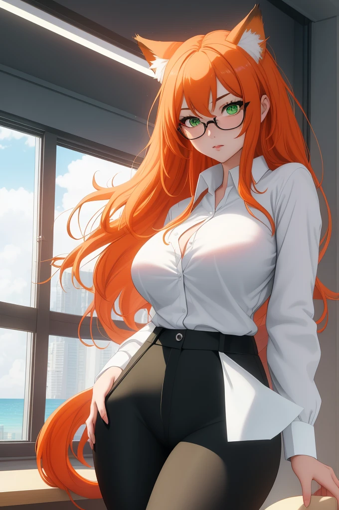 (masterpiece, Best quality), 8K, ultra detailed, realistic photo, Detailed face, perfect lighting, green eyes, bright orange hair, bright hair, fox ears, nice legs, side photo, beautiful, Cute, skin pores, 1 girl, perfect shirt, fully dressed, beautiful women 30 years old, Beautiful proportions, Russian woman, Caucasian, European, Business lady, stunningly beautiful woman, mother, thick legs, show ass, big breasts, (Thin white shirt:1.4), thick, hot, (White Office Wear:1.4), tight pants, (wide hips:1.2), thick, (white Office pants:1.3), spread your legs, Legs open, full length, wide hips, Glasses, with long orange hair, standing on the beach near the ocean, green eyes detailed digital anime art, cat ear, anime girl with long hair, гладкое аниме cg art, anime girl with long hair, digital anime art, work in Guweiz style, Beautiful anime portrait, Photorealistic render of an anime girl, pantyhose, Beautiful anime girl, advanced digital anime art, guweiz на artstation pixiv HD UHD HQ