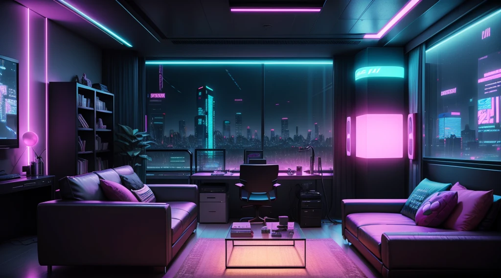 monitor付きのコンピューターデスクがあります, speaker & monitor, Cyberpunk settings, Cyberpunk atmosphere, Cyberpunk Lighting, Cyberpunk interior, Cyberpunk bedroom at night, 3D rendering beeple, In the room, Designed in the style of cyberpunk, Cyberpunk atmosphere, Cyberpunk Bedroom, Neon lighting cyberpunk, Cyberpunk Apartment, hyper-realistic cyberpunk style, Calm cyberpunk style, Cyberpunk bedroom, living room