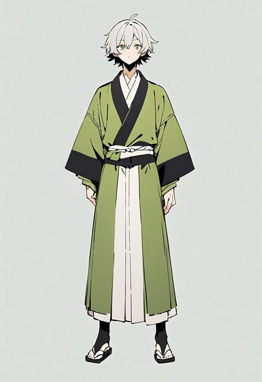 Japanese anime-style illustration Black and green clothes Silver hair Boy White simple background Full body visible Standing figure
