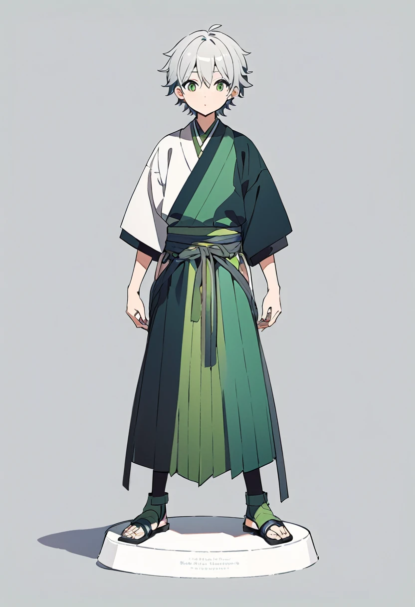 Japanese anime-style illustration Black and green clothes Silver hair Boy White simple background Full body visible Standing figure
