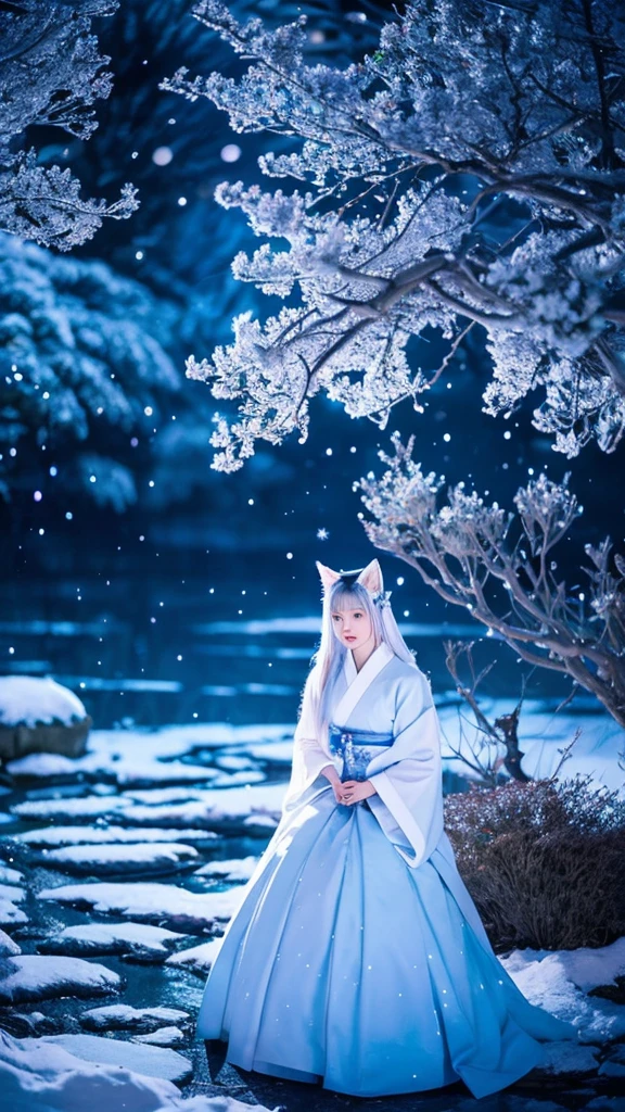 A fantastical scene featuring a character with silver hair and blue eyes. The character is wearing a traditional Japanese hakama and has fox ears and nine fox tails. A blue aura surrounds them, adding an ethereal glow to their presence. The scene is set on a moonlit night with gentle snowfall, creating a serene and magical atmosphere. The moonlight reflects off the snow, adding a shimmering effect to the entire scene.