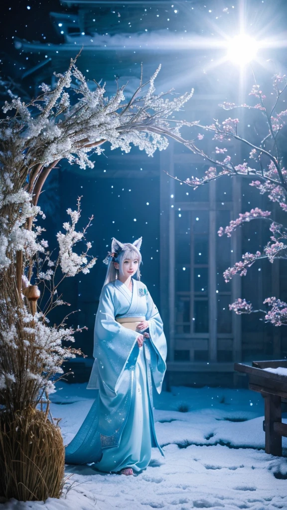 A fantastical scene featuring a character with silver hair and blue eyes. The character is wearing a traditional Japanese hakama and has fox ears and nine fox tails. A blue aura surrounds them, adding an ethereal glow to their presence. The scene is set on a moonlit night with gentle snowfall, creating a serene and magical atmosphere. The moonlight reflects off the snow, adding a shimmering effect to the entire scene.