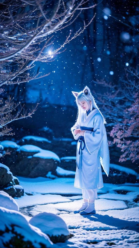 A fantastical scene featuring a character with silver hair and blue eyes. The character is wearing a traditional Japanese hakama and has fox ears and nine fox tails. A blue aura surrounds them, adding an ethereal glow to their presence. The scene is set on a moonlit night with gentle snowfall, creating a serene and magical atmosphere. The moonlight reflects off the snow, adding a shimmering effect to the entire scene.