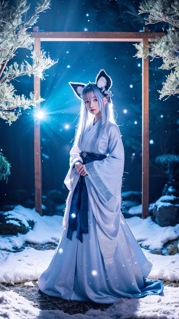A fantastical scene featuring a character with silver hair and blue eyes. The character is wearing a traditional Japanese hakama and has fox ears and nine fox tails. A blue aura surrounds them, adding an ethereal glow to their presence. The scene is set on a moonlit night with gentle snowfall, creating a serene and magical atmosphere. The moonlight reflects off the snow, adding a shimmering effect to the entire scene.
