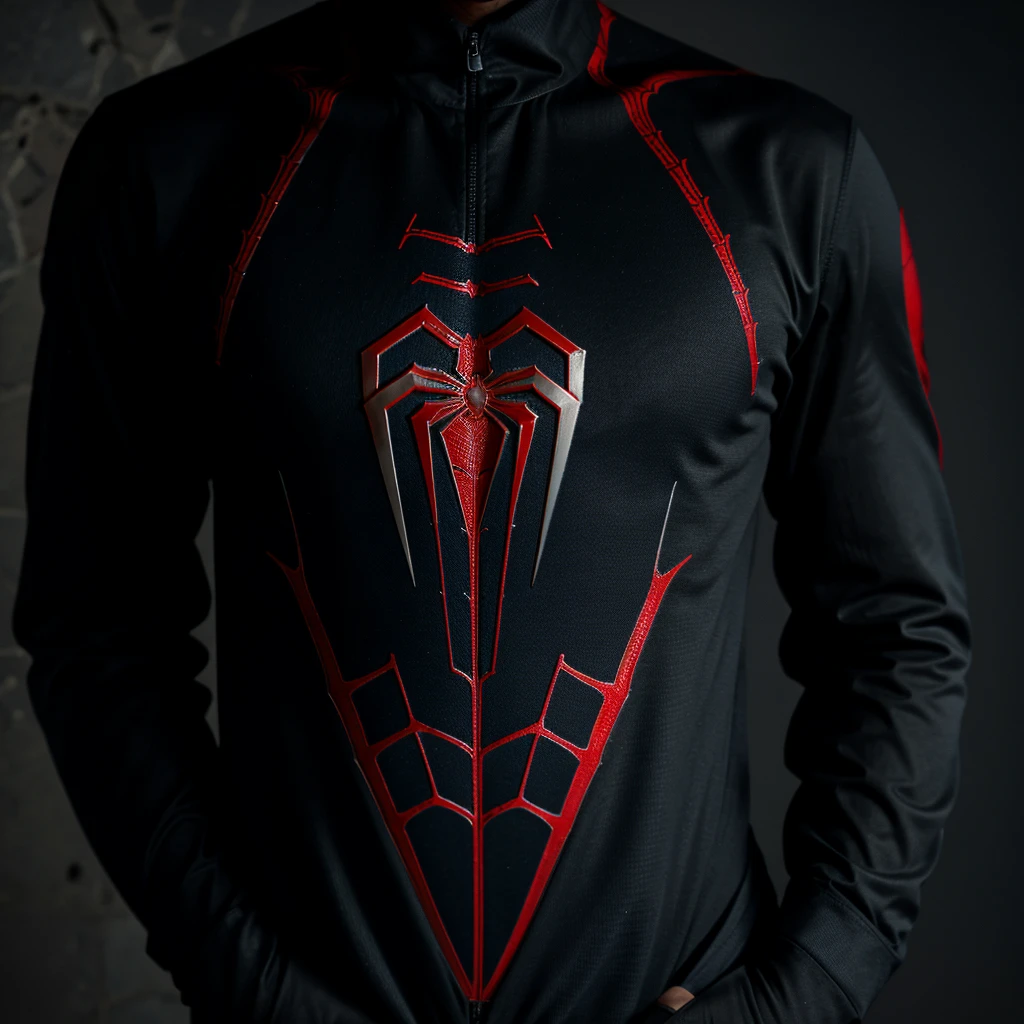 Spiderman Close Range In Black Suit. High Graphic With Details Of Fabric. With Rear Bokeh.