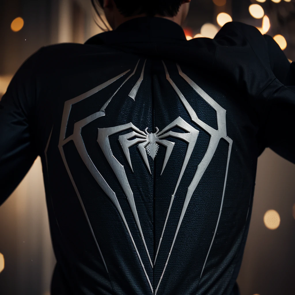 Spiderman Close Range In Black Suit. High Graphic With Details Of Fabric. With Rear Bokeh. 