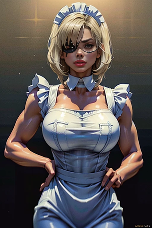 Maid clothesを着た美しいサイボーグの女性兵士、Short white hair、Muscular、Six Pack Abs、(Maid clothes:1.8)、(White frilly apron:1.35)、Facial blemishes、(Eye patch on right eye:1.38)、Smirking expression、Dramatic lighting、Very detailed、Cinematic、暗くGloomy atmosphere、Neon color、Dramatic Pose、Intricate mechanical details、Future、Photorealistic、(Highest quality、4k、8k、High resolution、masterpiece:1.2)、Super detailed、(Real、Photorealistic、Photorealistic:1.37)、HDR、UHD、Studio Lighting、Very detailedな目と顔、Long eyelashes、Intricate mechanical details、Dramatic lighting、Cinematic、cyber punk、Neon color、Gloomy atmosphere、Future、Complicated costumes、Dramatic Pose