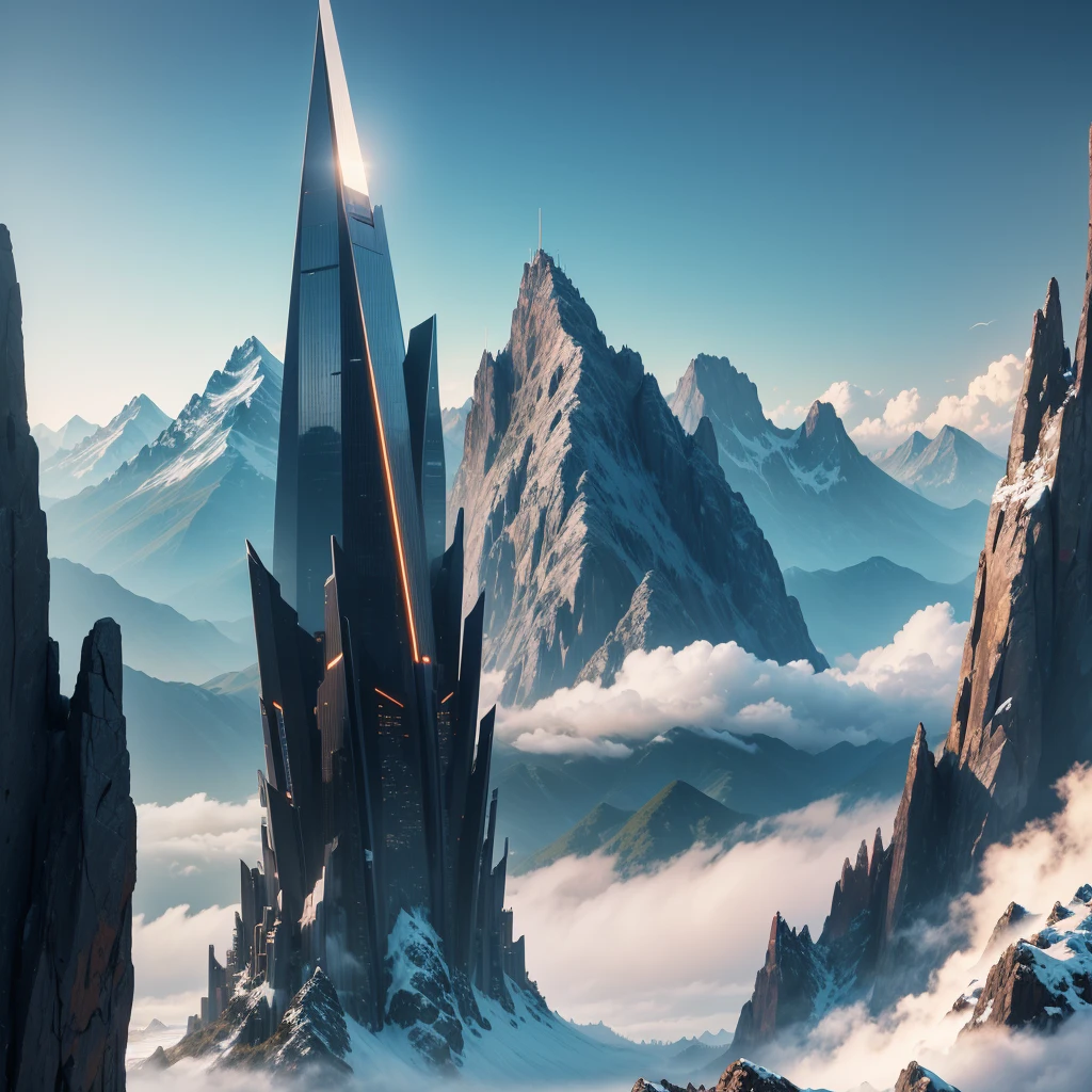 skyscrapers,SF,super huge mountain,cyber punk,Different world,best quality,8K, Highest quality ultra-high resolution Utopia, Huge Waterfall Nature,masterpiece