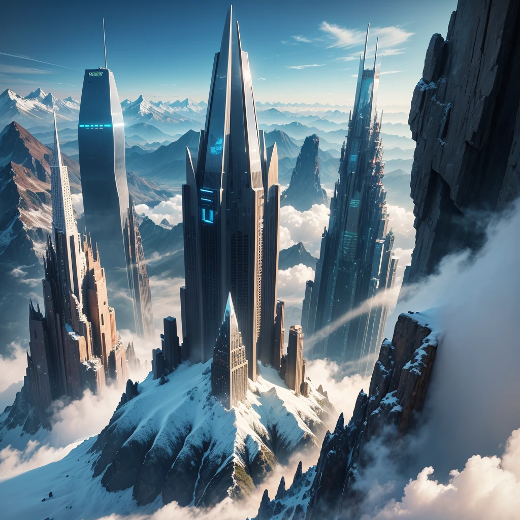 skyscrapers,SF,super huge mountain,cyber punk,Different world,best quality,8K, Highest quality ultra-high resolution Utopia, Huge Waterfall Nature,masterpiece