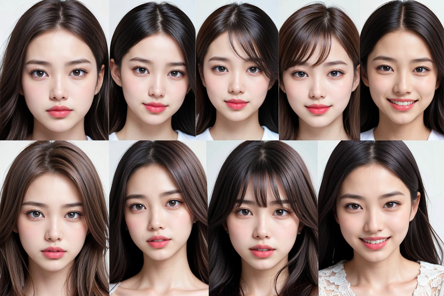 6 of the most stunningly beautiful female supermodels from around the world, smiling with perfect teeth. Each of them has a different outfit and facial features. High quality, high resolution, real photos, 6 upper body photos.