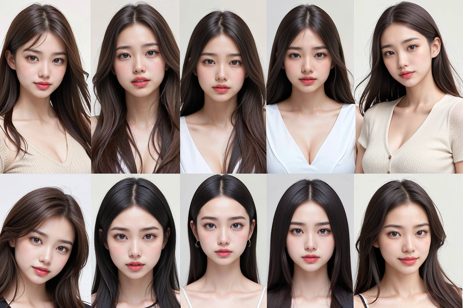 6 of the most stunningly beautiful female supermodels from around the world, smiling with perfect teeth. Each of them has a different outfit and facial features. High quality, high resolution, real photos, 6 upper body photos.