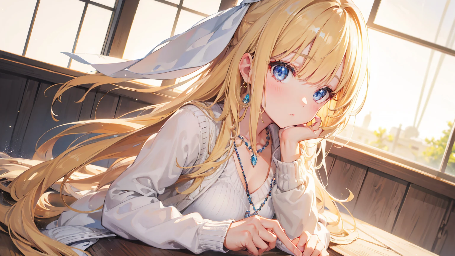 Gorgeous adult woman, Long neck, Long blonde hair, bangs, Perfect Eyes, Soft Light, high quality, 4K resolution, Casual clothing, Beaded Necklaces, knit cardigan