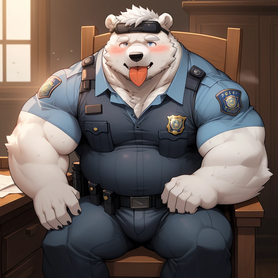 masterpiece, best quality, 8k resolution, Very detailed, hairy，(((polar bear))，(((Mature)))，(((beard))),(((Strong)))，(((White hair all over body)))，(((portrait)))，(((White hair)))，(((Bureau)))，For the audience，(((Police Uniform))),(((sit on the chair)))，(((Tongue out)))，Highest quality scene，Solitary，solitary，(((whole body)))，(((Shameful)))，(((Blushing)))，((( Wearing vr glasses))),(((Legs apart)))，(((sweaty)))，((Fat-enclosed muscle))，(((Round face)))，(((alone)))，(((Strong body)))，(((Hip bulge)))，