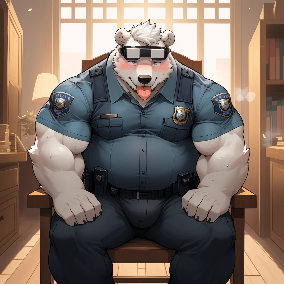 masterpiece, best quality, 8k resolution, Very detailed, hairy,(((polar bear)),(((Mature))),(((beard))),(((Strong))),(((White hair all over body))),(((portrait))),(((White hair))),(((Bureau))),For the audience,(((Police Uniform))),(((sit on the chair))),(((Tongue out))),Highest quality scene,Solitary,solitary,(((whole body))),(((Shameful))),(((Blushing))),((( Wearing vr glasses))),(((Legs apart))),(((sweaty))),((Fat-enclosed muscle)),(((Round face))),(((alone))),(((Strong body))),(((Hip bulge))),