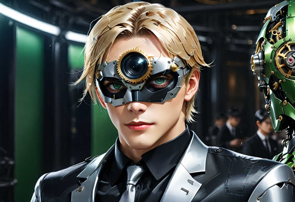 Arafed a picture of a human male spy, wearing dark suit, wearing ((mecha eye patch)), ((eye patch covering only one eye: 1.5))exquisite beautiful male, blond hair, short hair, green eyes, ((the eye patch has intricate mechanical part in it: 1.4)), high society gala event background, (Masterpiece: 1.5), 16k, highres, best quality, high details, ultra detailed, masterpiece, best quality, (extremely detailed),