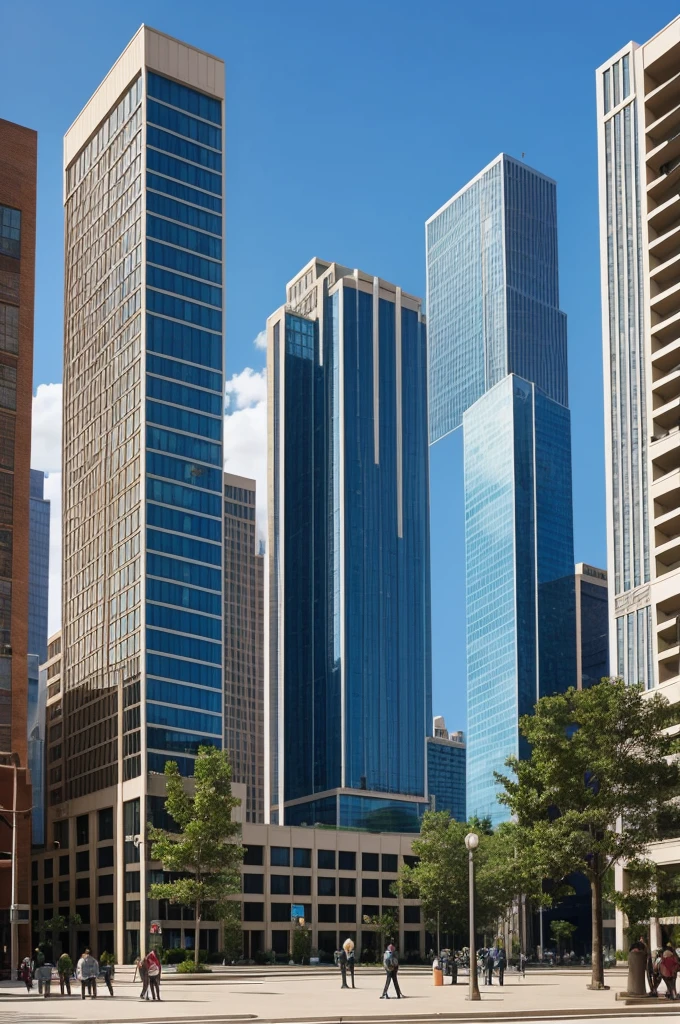 Tall rectangular building and on the side a low and curved building and in the middle of the two a plaza