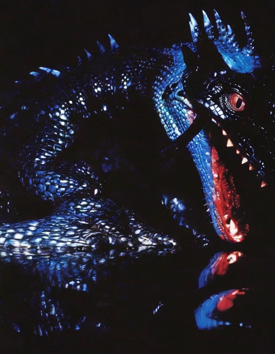 fashion shoot of giant black lizard  in red darkness  at night, blue background