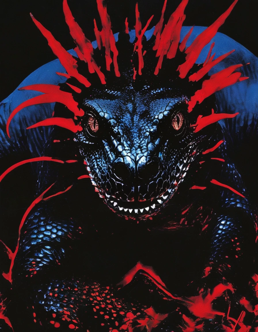 fashion shoot of giant black lizard  in red darkness  at night, blue background