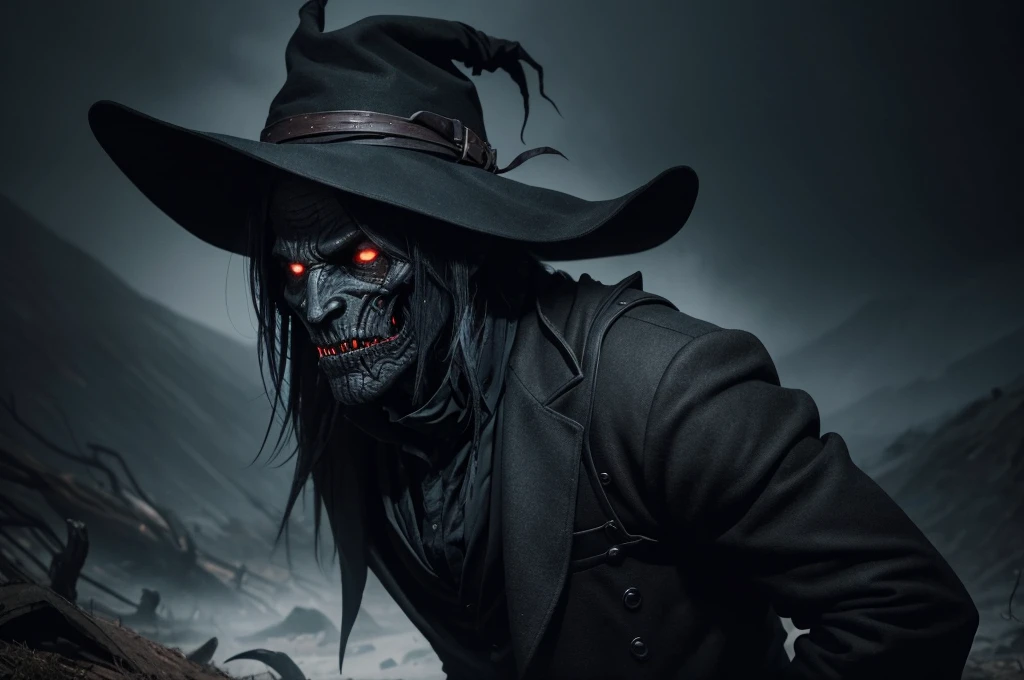 "Create an intriguing image of a supernatural creature, non-human.. Subject - a man wearing a scarecrow hat., Dressed entirely in black, especially with gloves and boots. He exudes a demonic visage, the gaze of a necromancer, representing a supernatural carnivorous creature. Enjoy exceptional camera quality (RSEEmma:1.5) highlight every detail of the dark suit and demonic features in high definition. Set up cinematic lighting, to enhance the dark tones of the scene., with slightly elevated twilight, adding a mysterious and sinister atmosphere. This image is intended to convey the menacing and supernatural presence of the entity., with realistic details and stunning visual quality. It will be aimed at the audience, which appreciates the fantastic and artistic aspect of supernatural performances.."