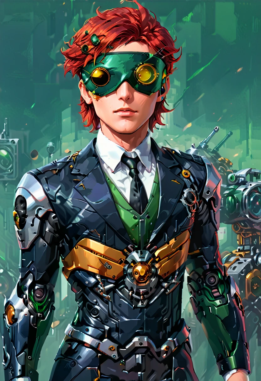 Arafed a portrait of a human male spy, wearing dark suit, wearing ((mecha eye patch)), ((eye patch covering only one eye: 1.5)) exquisite beautiful male, red hair, short crop hair, green eyes, ((the eye patch has intricate mechanical part in it: 1.4)), high society gala event background, (Masterpiece: 1.5), 16k, highres, best quality, high details, ultra detailed, masterpiece, best quality, (extremely detailed),