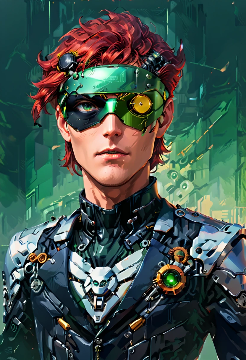 Arafed a portrait of a human male spy, wearing dark suit, wearing ((mecha eye patch)), ((eye patch covering only one eye: 1.5)) exquisite beautiful male, red hair, short crop hair, green eyes, ((the eye patch has intricate mechanical part in it: 1.4)), high society gala event background, (Masterpiece: 1.5), 16k, highres, best quality, high details, ultra detailed, masterpiece, best quality, (extremely detailed),