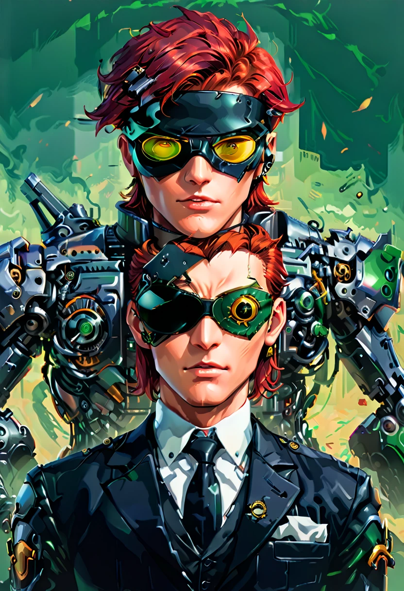 Arafed a portrait of a human male spy, wearing dark suit, wearing ((mecha eye patch)), ((eye patch covering only one eye: 1.5)) exquisite beautiful male, red hair, short crop hair, green eyes, ((the eye patch has intricate mechanical part in it: 1.4)), high society gala event background, (Masterpiece: 1.5), 16k, highres, best quality, high details, ultra detailed, masterpiece, best quality, (extremely detailed),