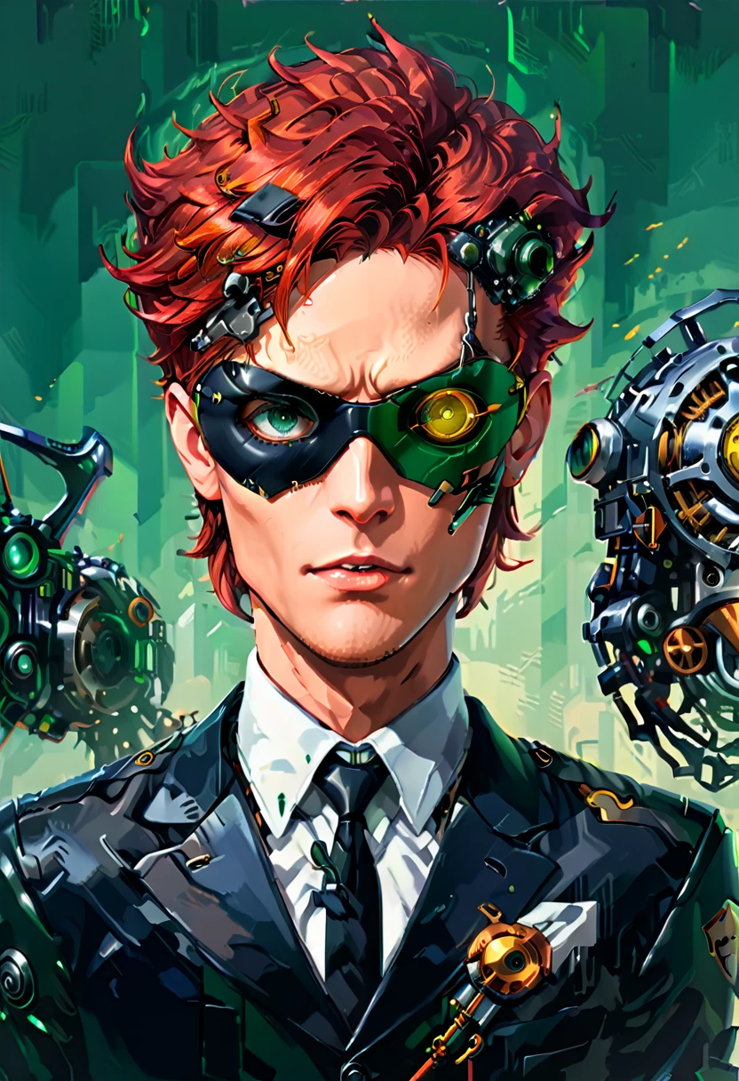 Arafed a portrait of a human male spy, wearing dark suit, wearing ((mecha eye patch)), ((eye patch covering only one eye: 1.5)) exquisite beautiful male, red hair, short crop hair, green eyes, ((the eye patch has intricate mechanical part in it: 1.4)), high society gala event background, (Masterpiece: 1.5), 16k, highres, best quality, high details, ultra detailed, masterpiece, best quality, (extremely detailed),