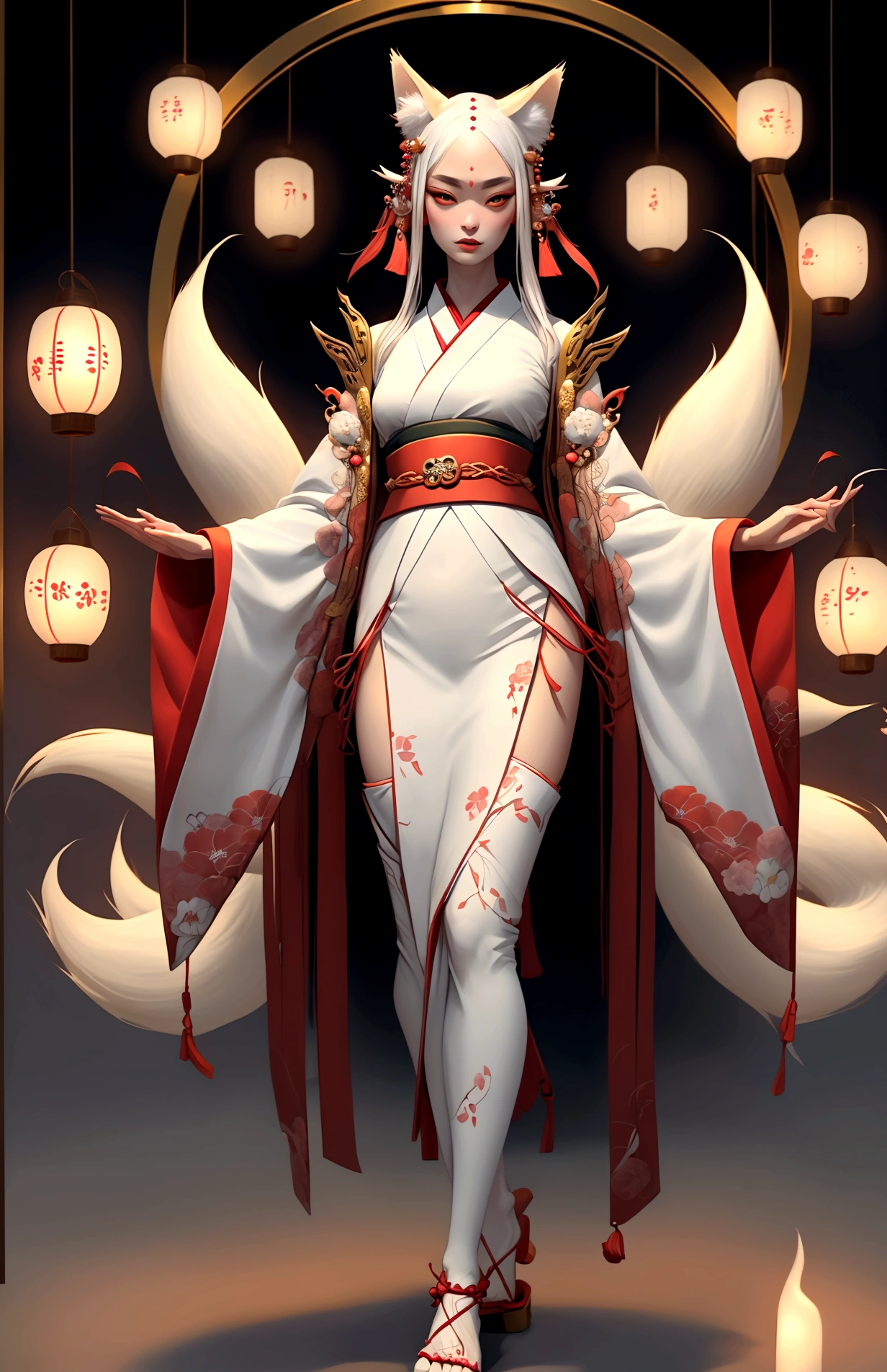 Masterpiece, best quality, full body shot (head and feet in the frame)(highly precise drawing down to the smallest detail)(extremely precise representation)a breathtakingly beautiful japanese yokai kitsune (fox goddess)accompanied by white fox(very athletic human body, fox ears, more than 3 foxtails)) dressed in (in typical color representation) a hanfu clothing worthy of a goddess with a beautiful headdress, fit, small breasts, paper lanterns and peonies, very detailed images, extremely detailed, complicated details, high resolution, super complex details,