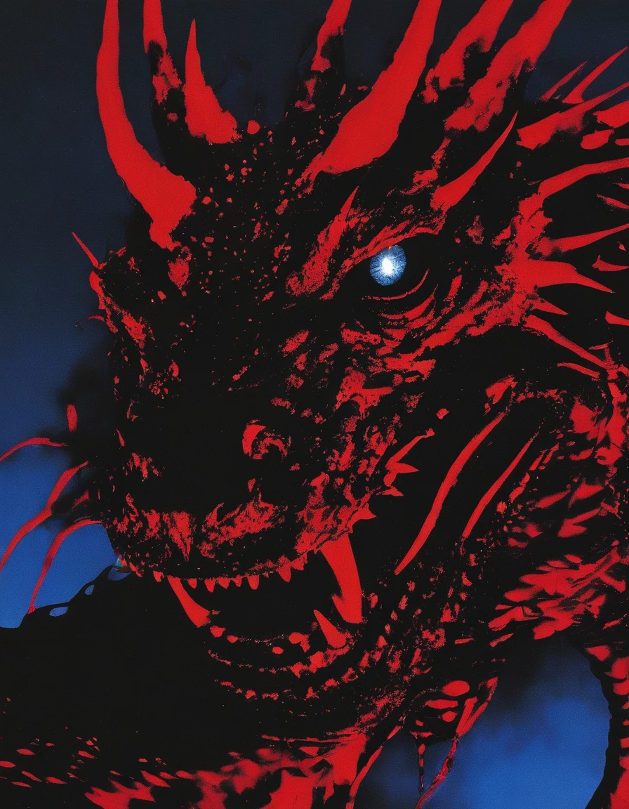 fashion shoot for rap cover of giant black dragon in red darkness at night, blue background