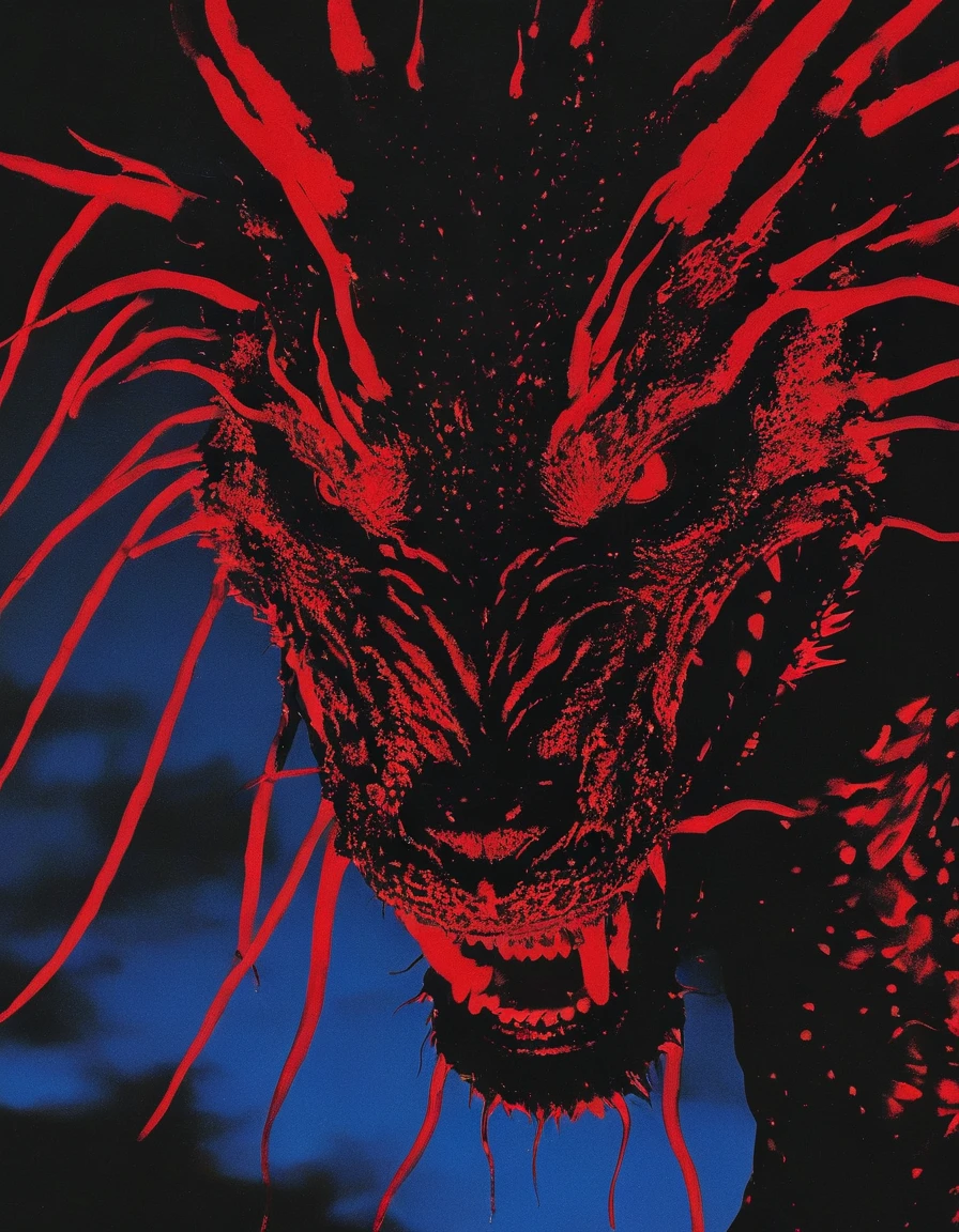 fashion shoot for rap cover of giant black dragon in red darkness at night, blue background
