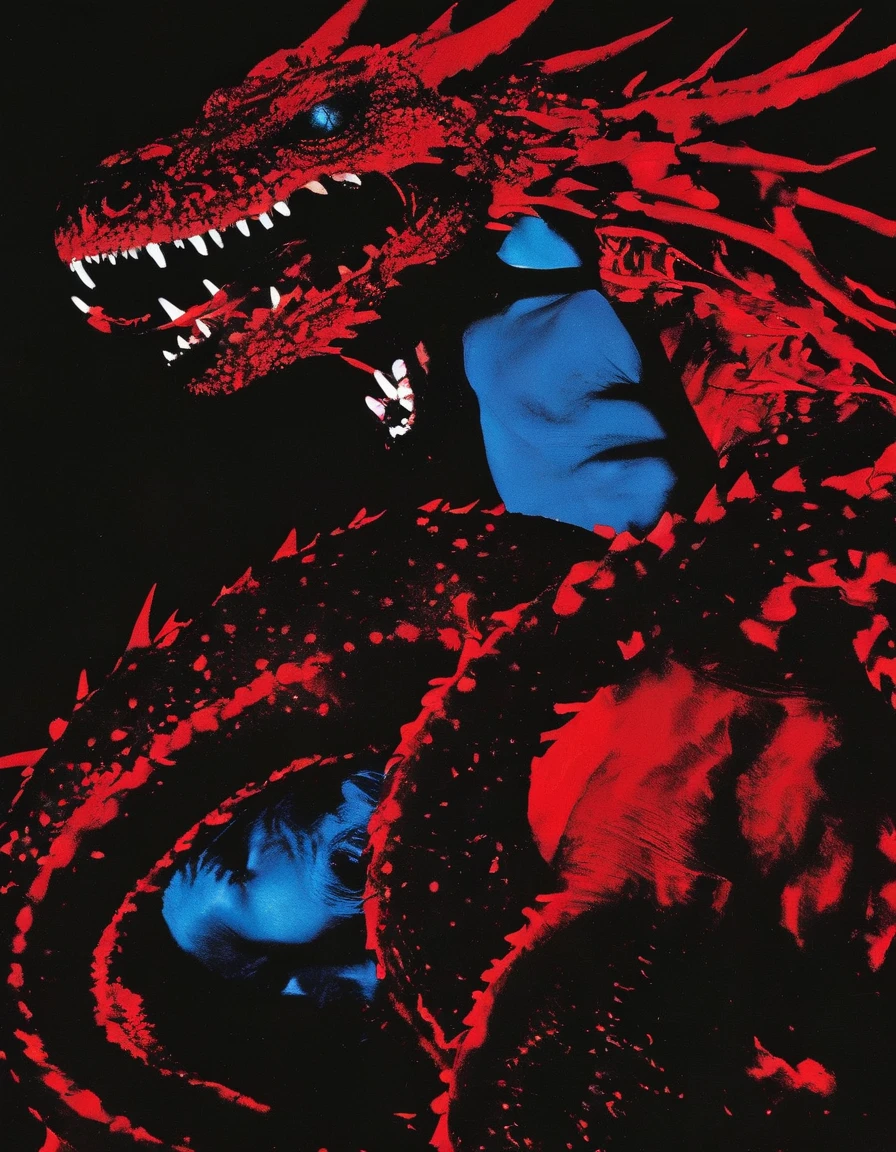 fashion shoot for rap cover of giant black dragon in red darkness at night, blue background