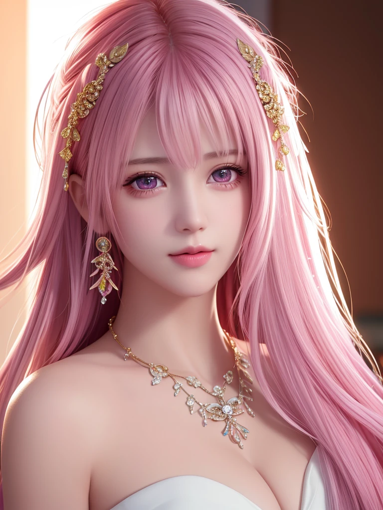 best quality, masterpiece, High target, 1 Girl, nude, Hair Decorationss, necklace, Decorations, Pretty Face, When the body, Tyndall effect, Realistic Portraits, Dark Studio, Edge lighting, Two-color light, (Very delicate skin:1.2), 8K uhd, Digital SLR Camera, Soft Light, high quality, Volumetric Lighting, Honest, photo, high resolution, 4k, 8K, Bokeh, s hair,pink hair tips, Pink Eyes.